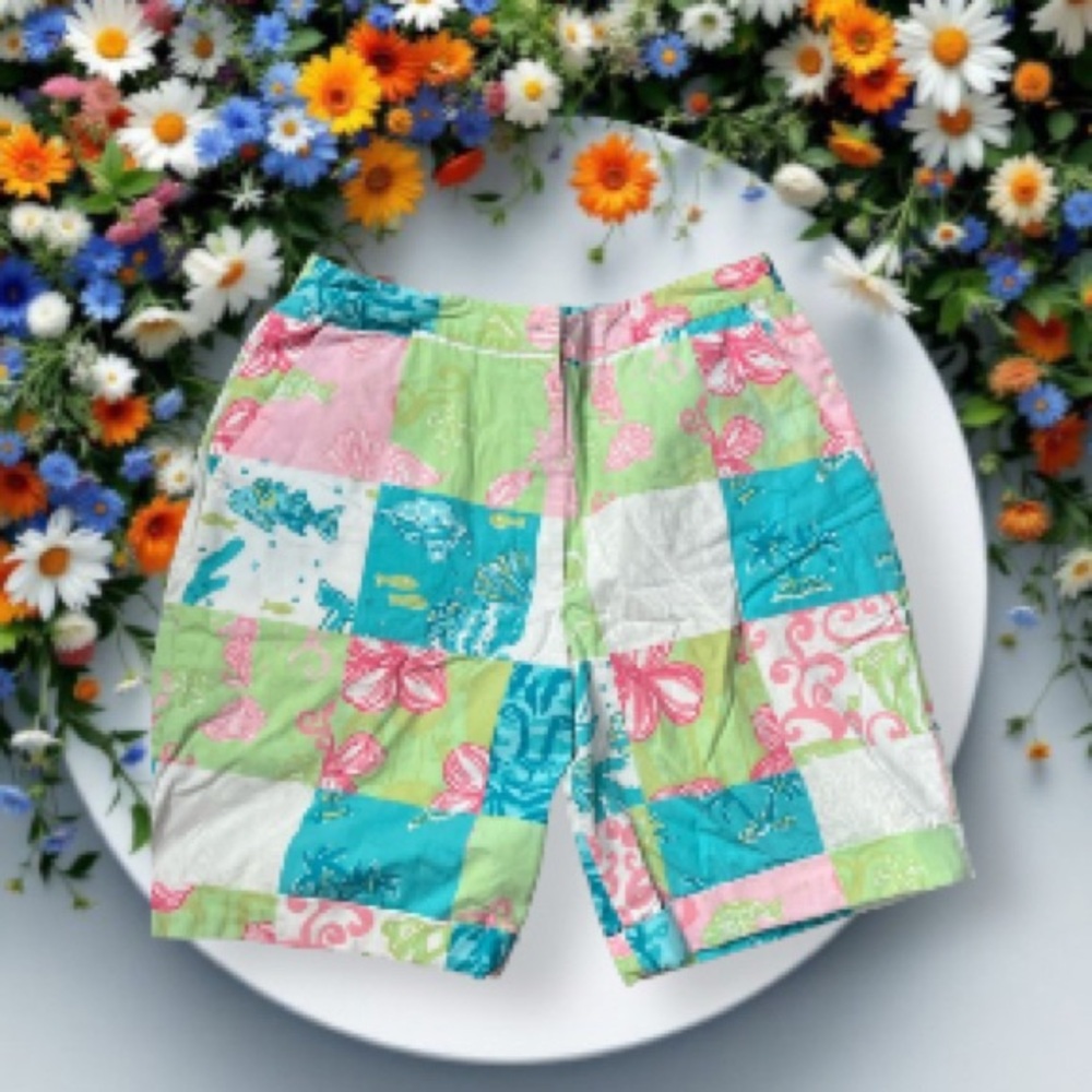 Lilly Pulitzer Pink and Green Bermuda Shorts with Tropical Patchwork